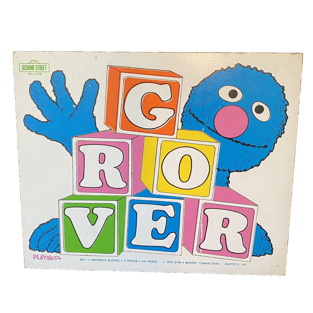 Vintage Playskool 1974 Sesame Street Grover Wooden Wood Puzzle Blocks Letters - Picture 1 of 9